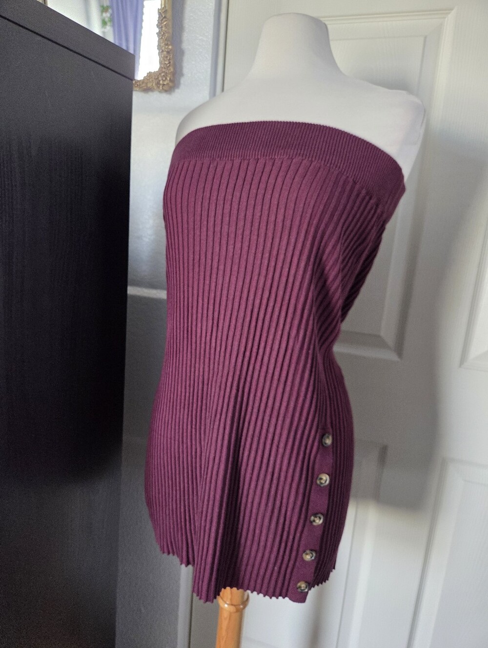 Strapless sweater dress button accent Berry Purple Burgundy size XL